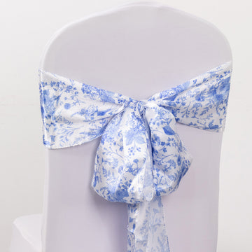 5 Pack White Blue Chinoiserie Floral Print Satin Chair Sashes, Chair Bows 6"X108"