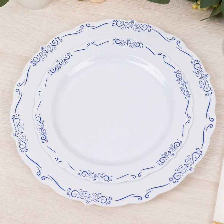 10 Pack White Blue Vintage Rim Hard Plastic Dessert Plates With Embossed Scalloped Edges