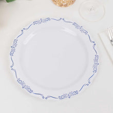10 Pack White Blue Vintage Rim Hard Plastic Dinner Plates With Embossed Scalloped Edges