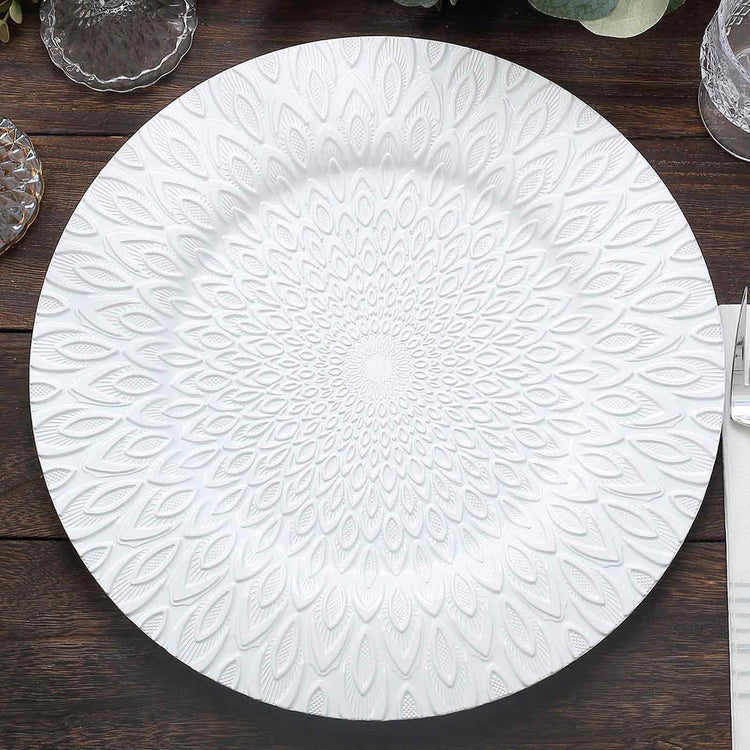 Acrylic Charger Plates - White Hard Plastic Round Plates with Embossed Peacock Pattern - 13 inches a