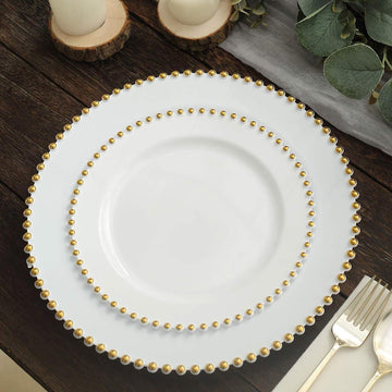 10 Pack White / Gold Beaded Rim Plastic Dessert Appetizer Plates, Disposable Round Salad Party Plates 8"