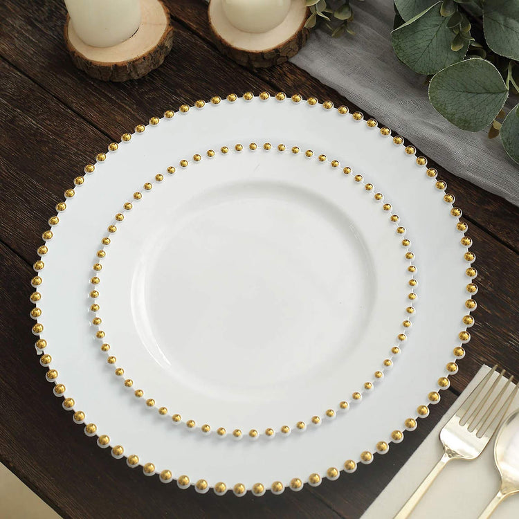 8 Inch White Round Salad Plates With Gold Beaded Rim In Pack Of 10
