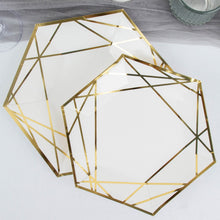 25 Pack | 7inch White / Gold Hexagon Salad Paper Plates, Geometric Disposable Dessert 