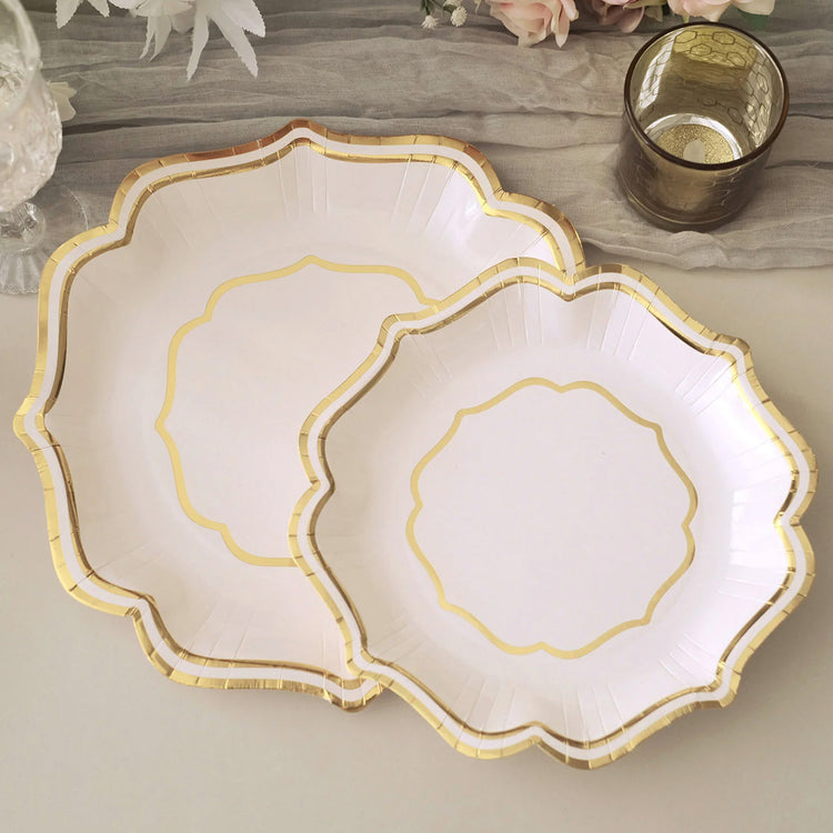 25 Pack White And Gold Scallop Rim Plates 8 Inch 300 GSM