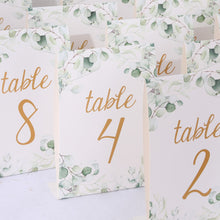 25 Pack White Green Double Sided Paper Wedding Table Numbers with Eucalyptus Leaves