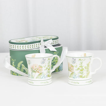 White Green Leaves Design Porcelain Coffee Mugs