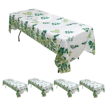 5 Pack White Green Rectangle Plastic Tablecloths With Eucalyptus Leaves Print, Waterproof Disposable Table Covers - 54"x108"