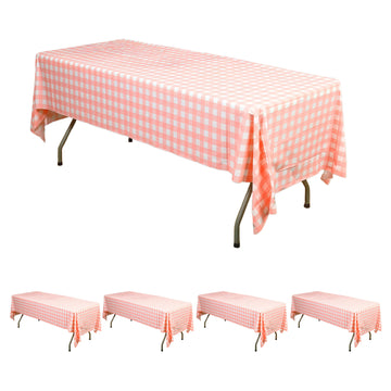 5 Pack White Pink Buffalo Plaid Rectangle Plastic Tablecloths, Waterproof Checkered Disposable Table Covers - 54"x108"