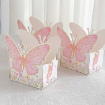 25 Pack White Pink Glitter Butterfly Theme Paper Food Trays, Floral Print Disposable Snack Serving Trays - 6"x7"