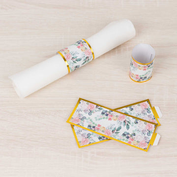 <strong>Disposable White Pink Peony Flowers Print Napkin Rings</strong>