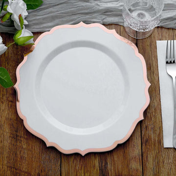 10 Pack White Plastic Dinner Plates Disposable Tableware Round With Rose Gold Scalloped Rim 10"