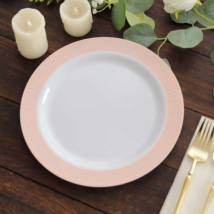 10 Pack White Plastic Dinner Plates With Blush Rose Gold Spiral Rim, Round Disposable Party Plates 1