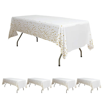5 Pack White Rectangle Plastic Tablecloths with Gold Stars, Waterproof Disposable Table Covers - 54"x108"