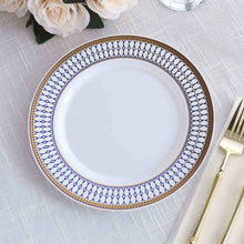 10 Pack White Renaissance Plastic Dinner Plates With Gold Navy Blue Chord Rim