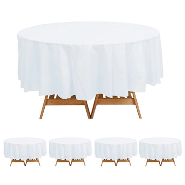 5 Pack White Round Plastic Tablecloths, Waterproof Disposable Table Covers - 84"