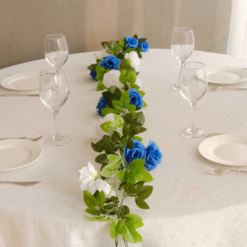 2 Pack White Royal Blue Artificial Silk Mini Rose Vines Hanging Flower Garland with 26 Flower Heads - 7ft