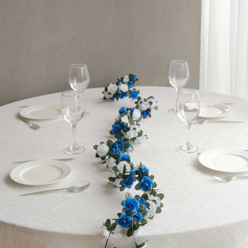 2 Pack White Royal Blue Artificial Silk Mini Rose Vines Hanging Flower Garland with 45 Flower Heads - 8ft