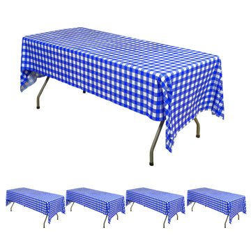 5 Pack White Royal Blue Buffalo Plaid Rectangle Plastic Tablecloths, Waterproof Checkered Disposable Table Covers - 54"x108"