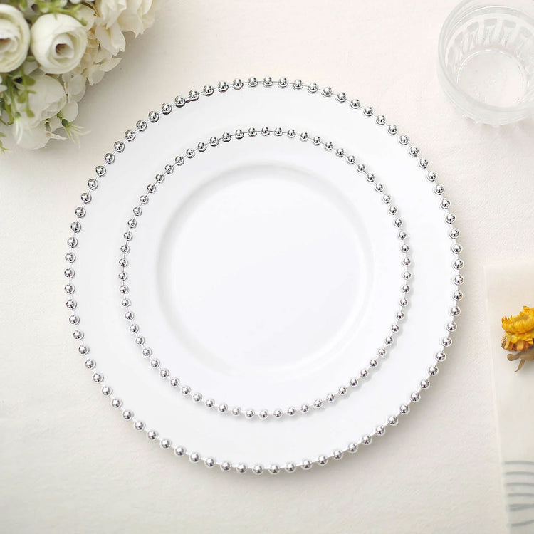 10 Pack | 8inch White / Silver Beaded Rim Plastic Dessert Appetizer Plates