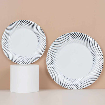Elegant White/Silver Swirl Rim Plastic Dessert Appetizer Plates