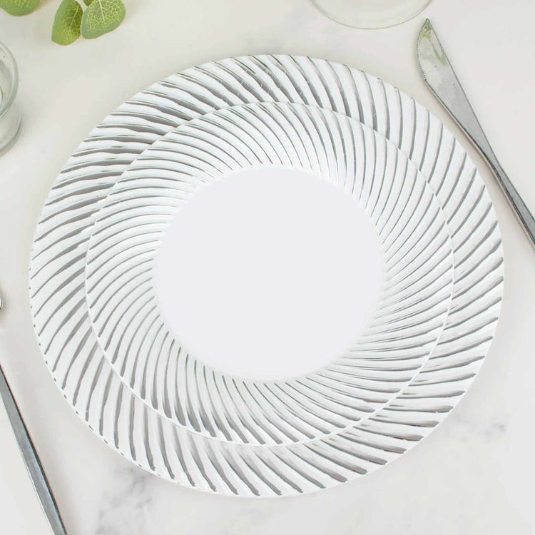 10 Pack | 7inch White / Silver Swirl Rim Plastic Dessert Appetizer Plates