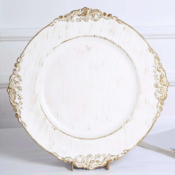 6 Pack White Washed Gold Embossed Baroque Charger Plates, Round With Antique Design Rim 13"