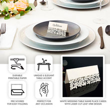 50 Pack White Wedding Table Name Place Cards with Laser Cut Leaf Vine Design, Printable Reservation