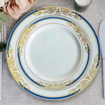 10 Pack White With Royal Blue Rim Plastic Appetizer Salad Plates, Round With Gold Vine Design 8"