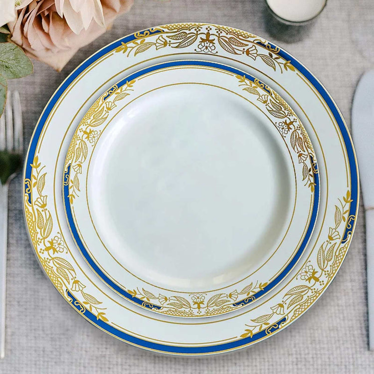 10 Pack | White With Royal Blue Rim 8inch Plastic Appetizer Salad Plates, Round Gold Vine Design