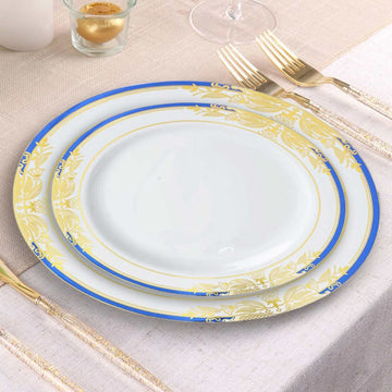 10 Pack White With Royal Blue Rim Plastic Appetizer Salad Plates, Round With Gold Vine Design 8"