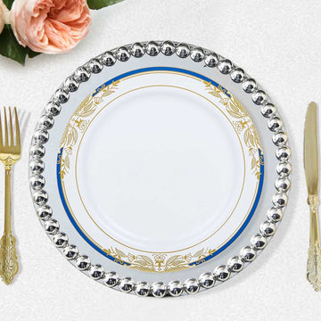 10 Pack White With Royal Blue Rim Plastic Dinner Plates, Round With Gold Vine Design 10"