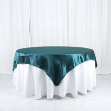 72x72 Inch Peacock Teal Seamless Satin Square Table Overlay