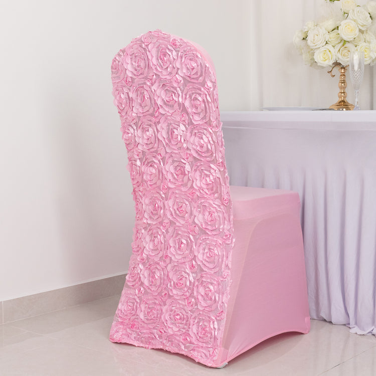 Pink Satin Rosette Spandex Stretch Banquet Chair Cover, Fitted Chair Cover