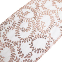 12x108inch Blush Rose Gold Leaf Vine Embroidered Sequin Mesh Like Table Runner#whtbkgd