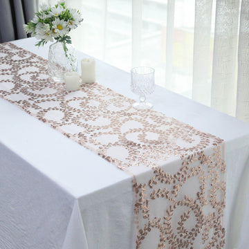 Add a Touch of Glamour with the Rose Gold Leaf Vine Embroidered Sequin Mesh Like Table Runner