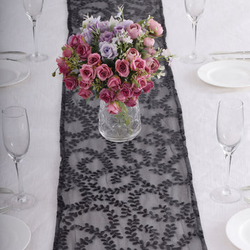 Elevate Your Table Decor with the Black Leaf Vine Embroidered Sequin Mesh Like Table Runner