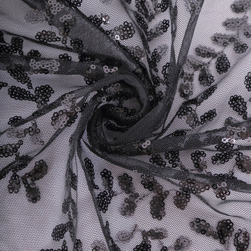 Create a Memorable Ambiance with the Black Leaf Vine Embroidered Sequin Mesh Like Table Runner