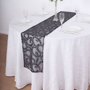 Add Elegance and Glamour with the Black Leaf Vine Embroidered Sequin Mesh Like Table Runner