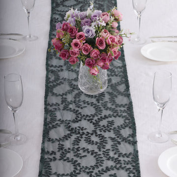 Add a Touch of Elegance with the Hunter Emerald Green Leaf Vine Embroidered Sequin Mesh Like Table Runner