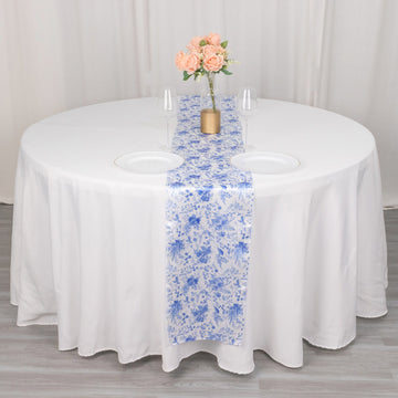 Elevate Your Table Setting with the White Blue Chinoiserie Floral Print Satin Table Runner