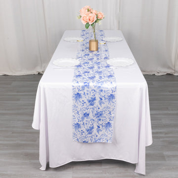 Create Lasting Memories with the White Blue Chinoiserie Floral Print Satin Table Runner