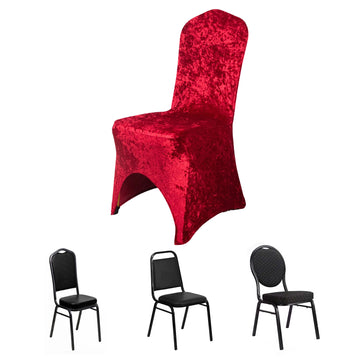 Red Crushed Velvet Spandex Stretch Banquet Chair Cover With Foot Pockets, Fitted Wedding Chair Cover 190 GSM