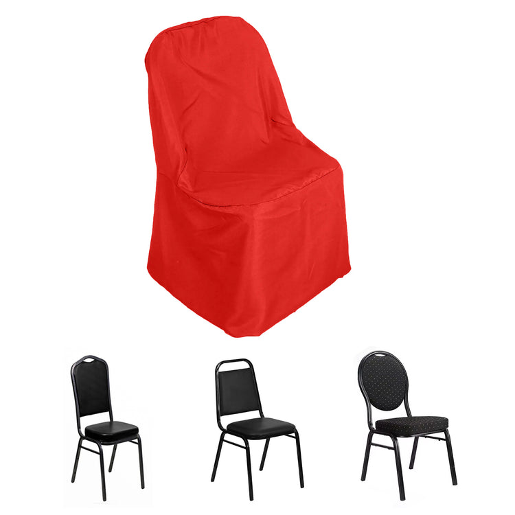 A red polyester banquet chair cover measuring 17 inches by 18 inches by 19 inches and 38 inches
