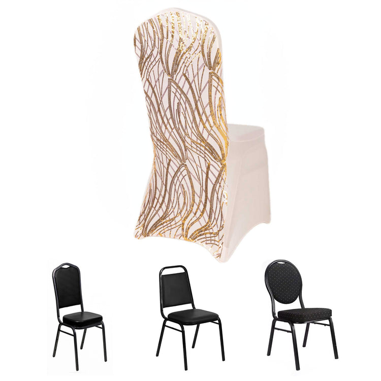 Rose Gold Spandex Stretch Banquet Chair Cover With Gold Wave Embroidered Sequins