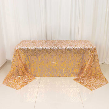 Rose Gold Wave Mesh Rectangular Tablecloth With Gold Embroidered Sequins - 90"x156"