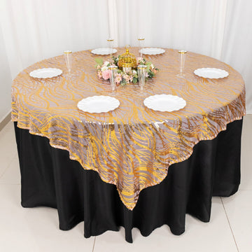 Rose Gold Wave Mesh Square Table Overlay With Gold Embroidered Sequins 72"x72"