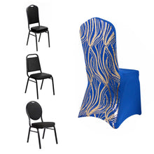 Royal Blue Gold Spandex Stretch Banquet Chair Cover With Wave Embroidered Sequins