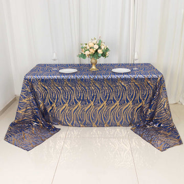 Elevate Your Tablescapes with the Royal Blue Gold Wave Mesh Rectangular Tablecloth