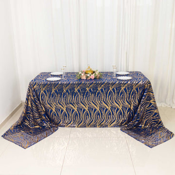 Elevate Your Tablescapes with the Royal Blue Gold Wave Mesh Rectangular Tablecloth