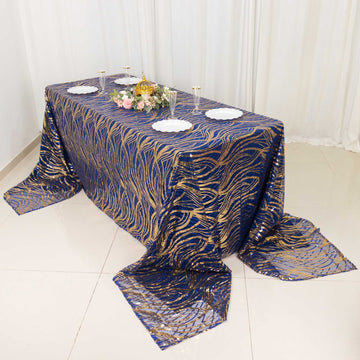 Create a Luxurious Focal Point with the Royal Blue Gold Wave Mesh Rectangular Tablecloth